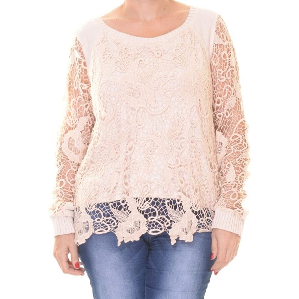 3/$20 Free People Cream Long Sleeve Lace Overlay Round Neck Sweater XS